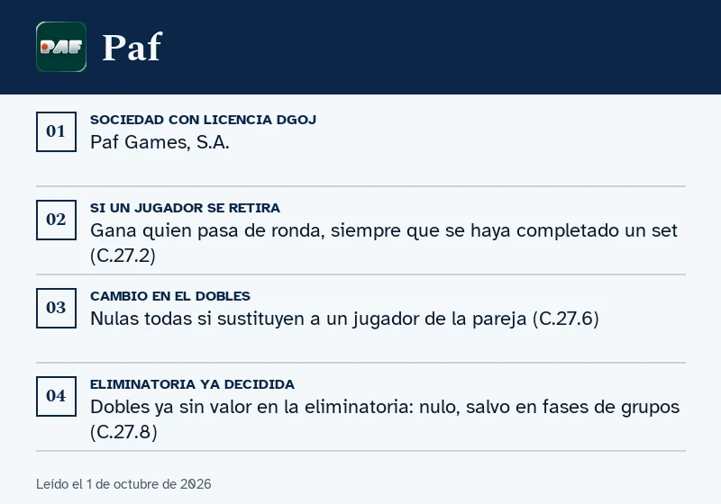 Ficha de Paf: retirada, dobles y eliminatoria en tenis